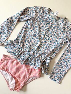 Ruffle Butts Floral Long-Sleeve Rash Guard Swim Set - Pink & Blue